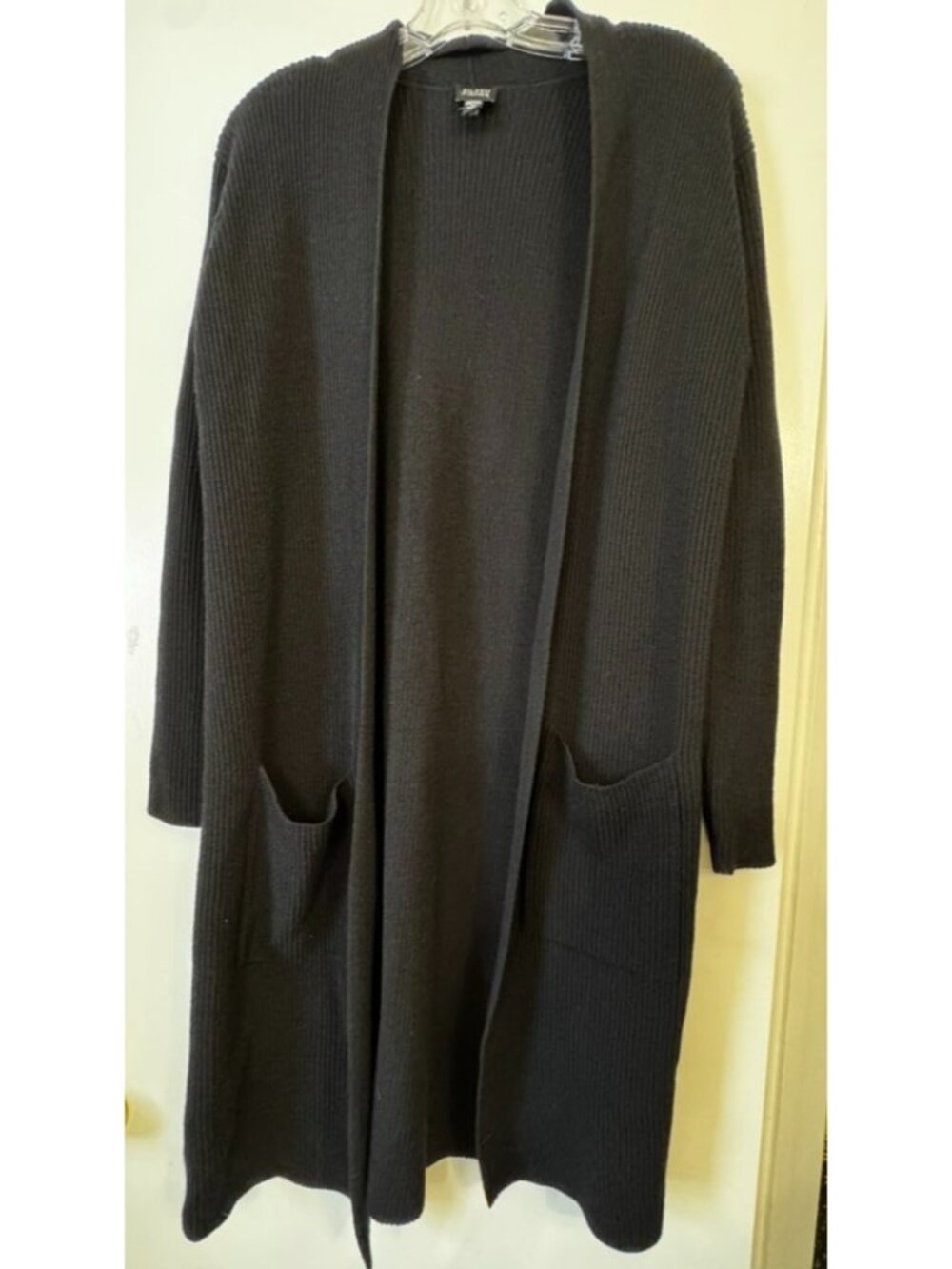Eileen Fisher 100% Wool Black Pockets Open Front Cardigan Sweater S Italian Yarn